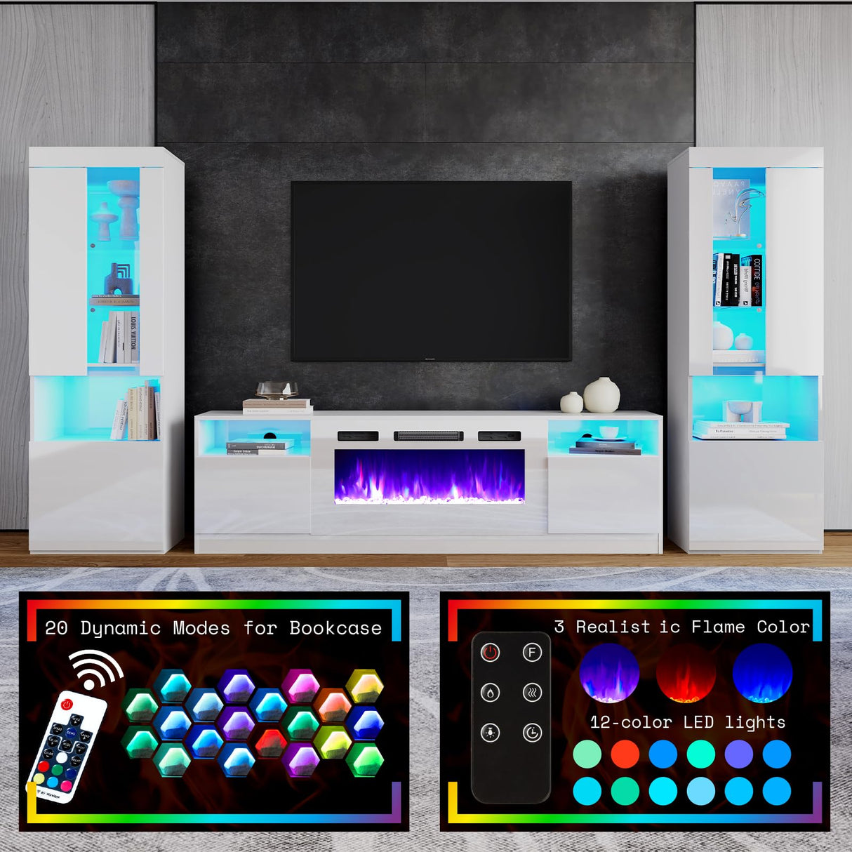 AMERLIFE Modern Highgloss Fireplace Entertainment Center Set, Includes 80" Fireplace TV Stand & 2 LED Highlight Bookcases, Fireplace Storage Cabinets for TVs up to 90", White AMERLIFE