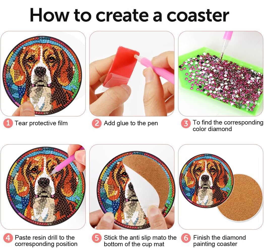 Puraikcmi 6pcs Dogs DIY Diamond Art Painting Kits Coasters with Holder, Diamond Coasters by Number Adults Crafts Full Drill Round Mosaic Stitch Art Craft Supplies Puraikcmi