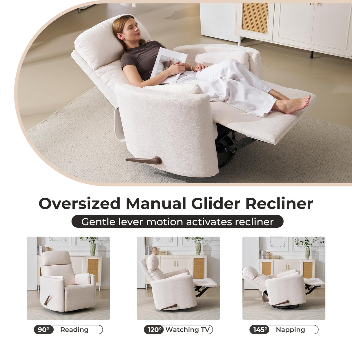 Rhevoy Oversized Swivel Recliner Chair with Massage and Heat, Rocking Chair Nursery with Adjustable Headrest, Rocking Chair Nursery Glider Chairs with 2 Pillows, Glider Rocker Recliner, White Rhevoy