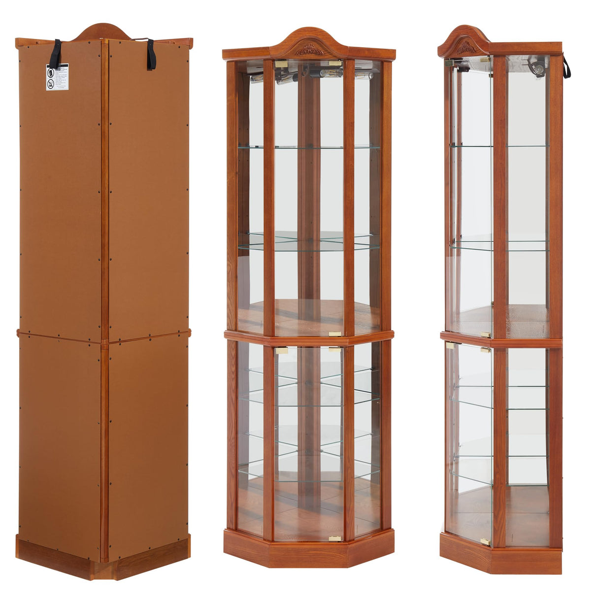 QSOSTNS Lighted Corner Display Curio Cabinet Curved Wood Corner Cabinet with Tempered Glass Doors and Shelves for Living Room (Oak) QSOSTNS