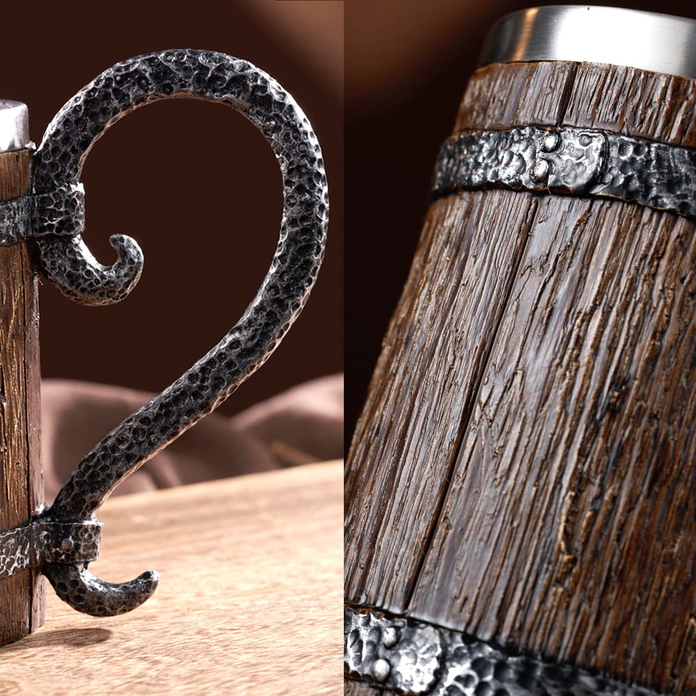 Arola Handmade Wooden Barrel Beer Mug, Stainless Steel Vintage Beer Cup, Medieval Drinkware Mug for Coffee/Beverage/Juice17oz Gift for Men. Arola
