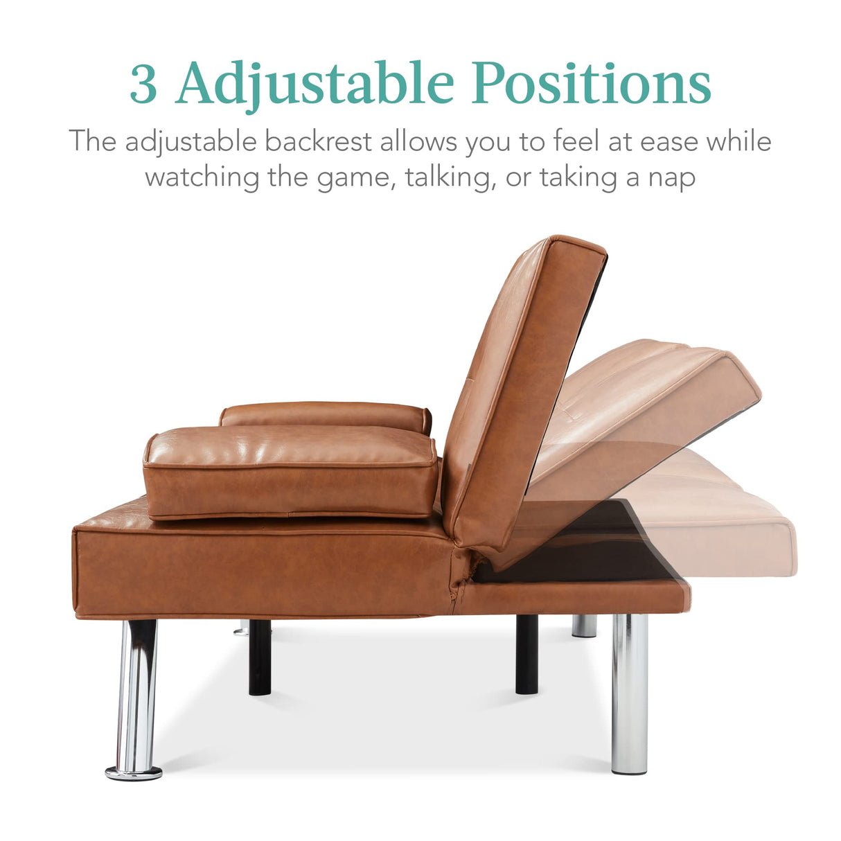 Best Choice Products Faux Leather Upholstered Modern Convertible Futon, Adjustable Folding Sofa Bed, Guest Bed w/Removable Armrests - Tan Best Choice Products