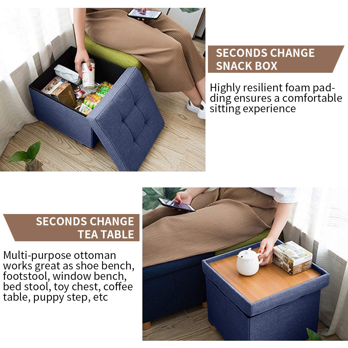 BRIAN & DANY Small Ottoman with Storage, Foot Stool Ottoman Storage Cube, Foot Rest for Couch with Legs, Navy Blue 15" x 15" x 15" BRIAN & DANY