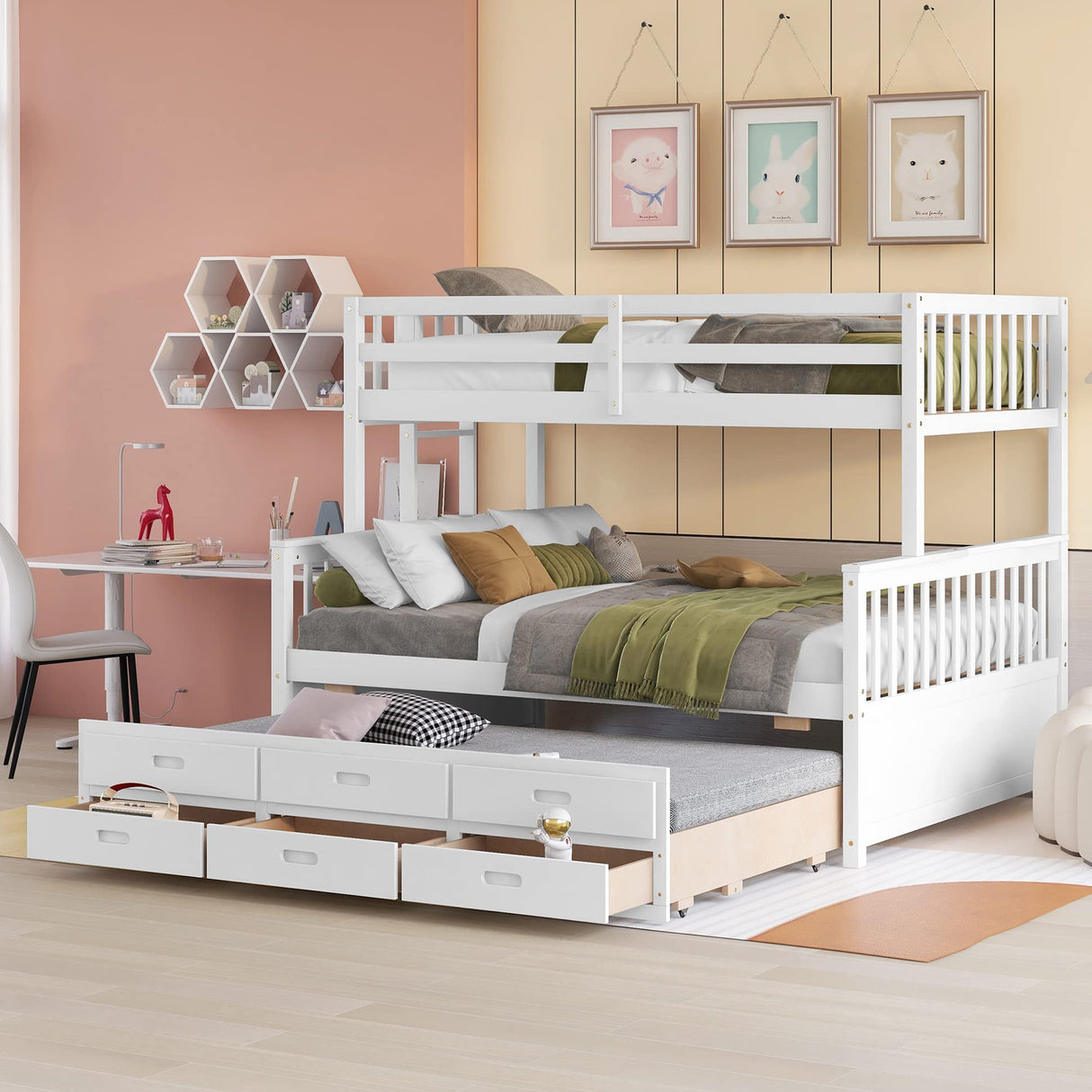 Harper & Bright Designs White Twin Over Full Bunk Bed with Trundle and Storage Drawers Harper & Bright Designs
