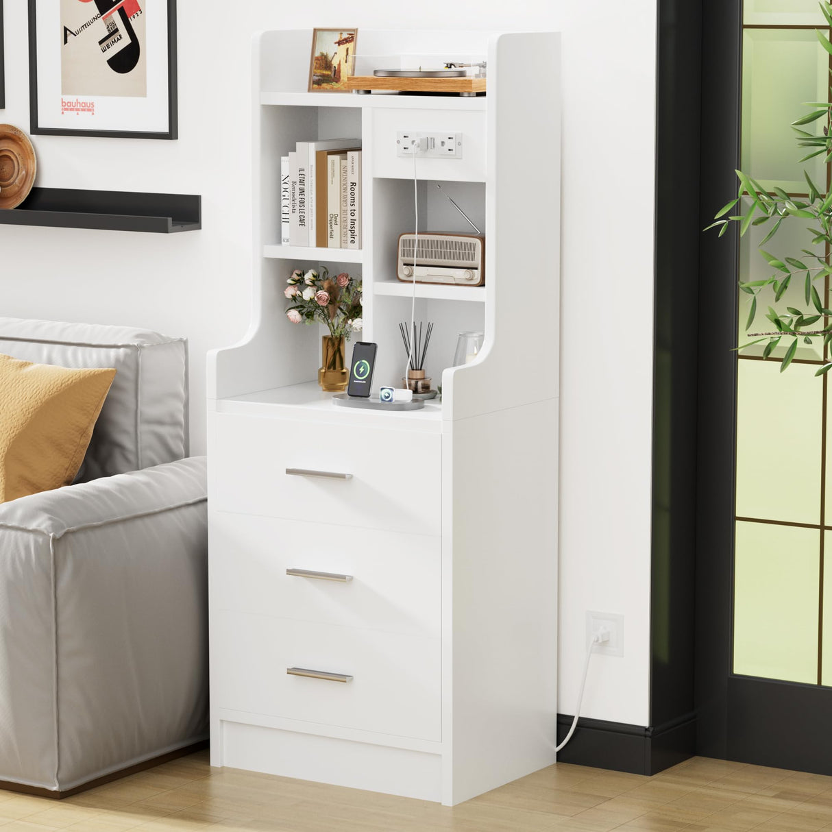 YESHOMY Tall Nightstand with Charging Station and USB Ports, Bedside Table with Open Bookshelf, Endtable with 3 Drawers, for Bedroom,Study, 48" Height, Pure White YESHOMY