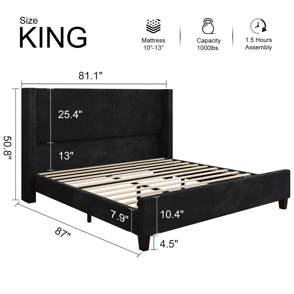 HOWE King Size Upholstered Bed Frame, Wingback Platform Bed with 50.8" Headboard, Corduroy/Solid Wood Leg/No Box Spring Needed/Noise Free/Black HOWE