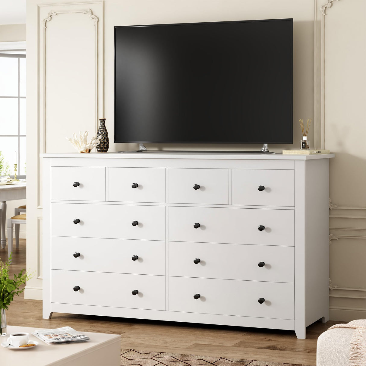 EnHomee White Dresser, Dresser for Bedroom with 10 Drawers Wood Dresser with Smooth Metal Rail, Large Dressers & Chests of Drawers Wide Dresser, White 52.2W*15.8" D*35.8" H EnHomee