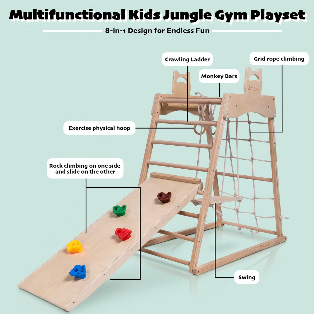 Ascism Jungle Gym Indoor (8 in 1) Wooden Indoor Playground, Toddler Wooden Climbing Toys, Montessori Playset, Gym with Slide, Climbing Net, Swing, Tent, Gymnastics Ring… Ascism