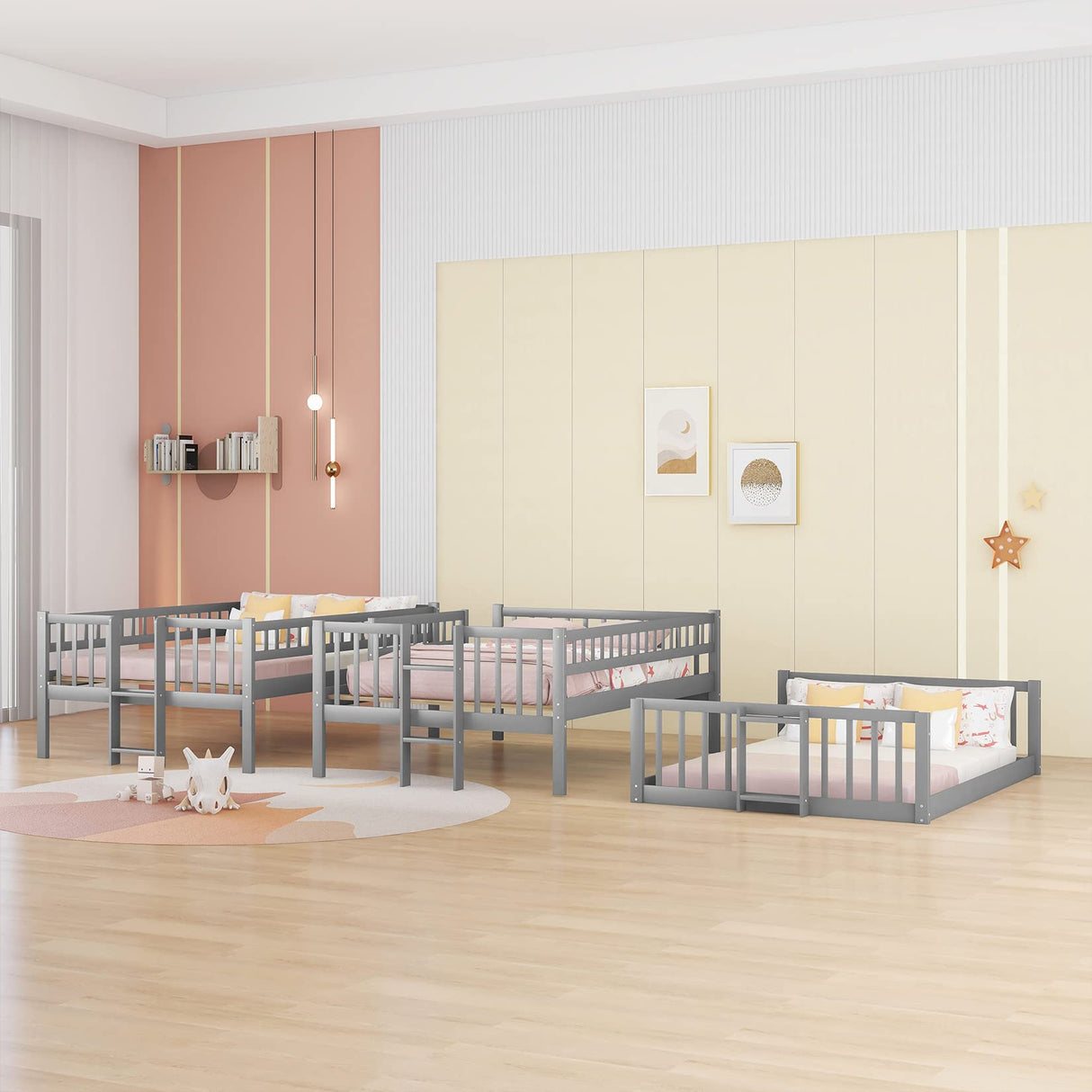 Triple Bunk Bed with Slide, Full Over Full Over Full Bunk Bed Convertible Triple Beds for Kids/Teens/Adults, Gray Bellemave