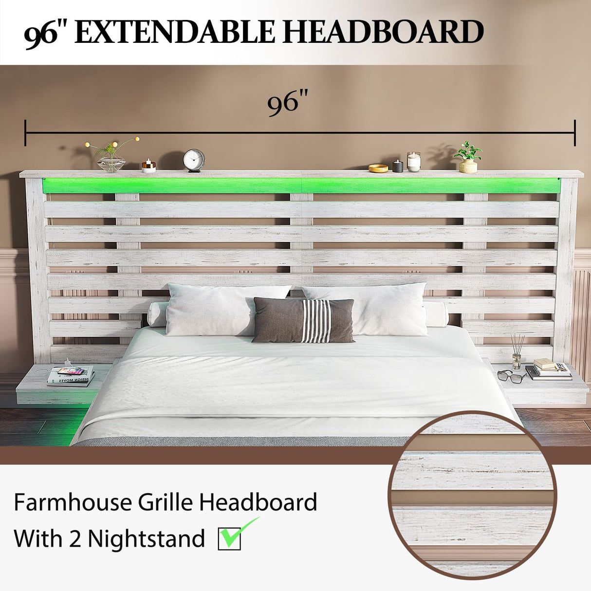 LUXOAK Distressed White Farmhouse Queen Floating Bed Frame with LED Lights & Charging Station LUXOAK