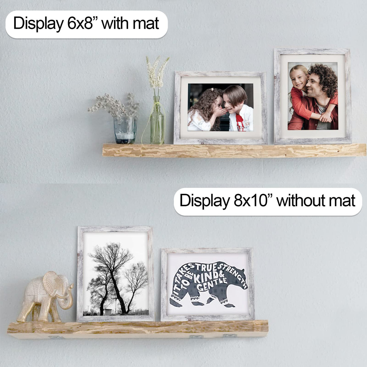 AEVETE 8x10 Picture Frame White Distressed Display Photos 6x8 with Mat or 8x10 without Mat for Wall Tabletop AEVETE
