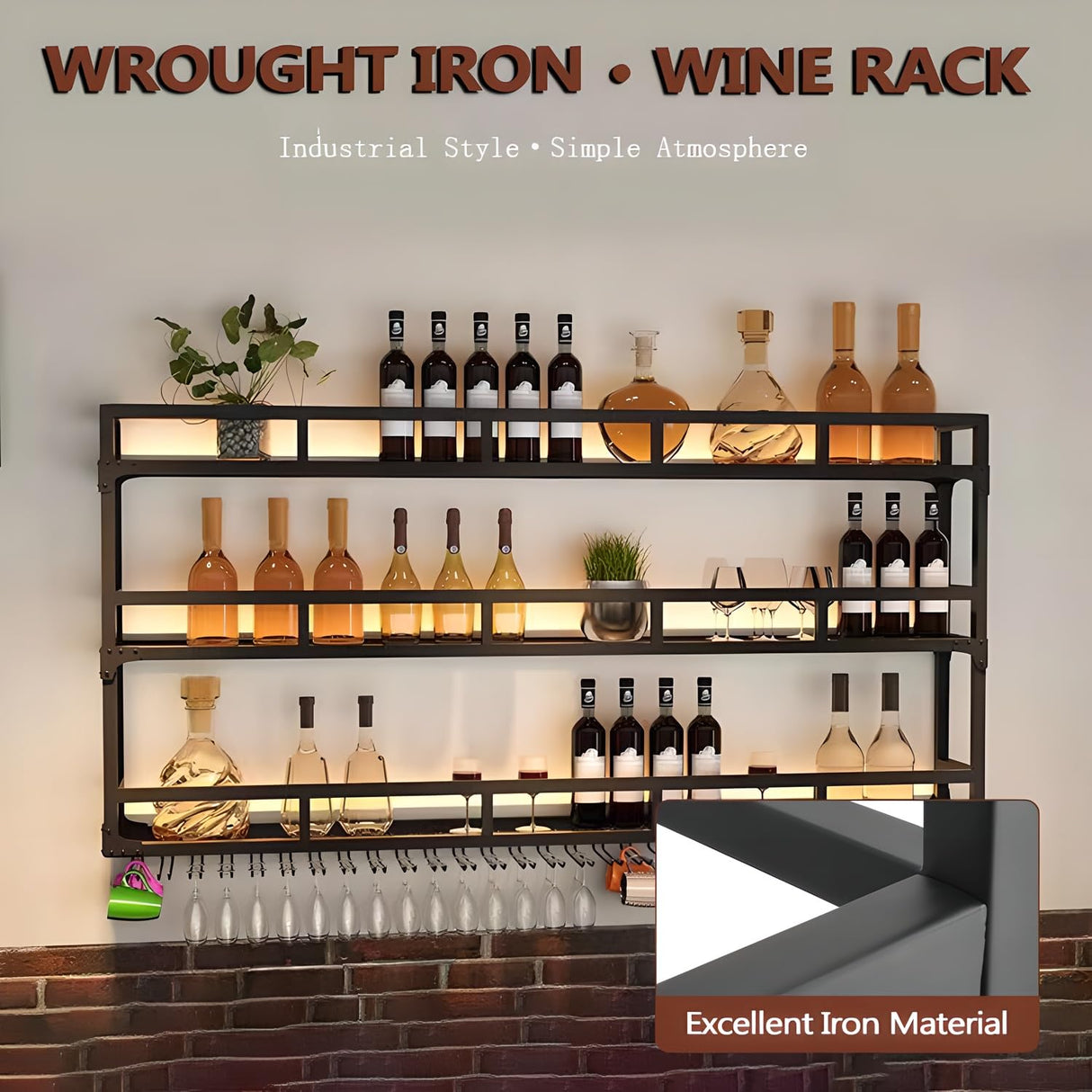 Wall Mounted Wine Rack, 3 Tier Wine Glass Holder with LED Light, Large Wall Mounted Shelves with Hanging Wine Racks Bottle Display Shelf, for Home Bar Cafe Restaurant (39.4 * 9.8 * 35.4 inch) Generic