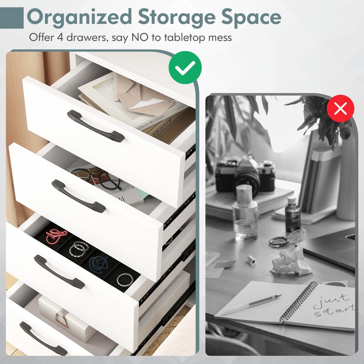 IFANNY White Computer Desk, 43.5’’ Writing Desk with 4 Large Drawers, Modern Executive Desk, Wood Vanity Table with Storage, Student Desk for IFANNY