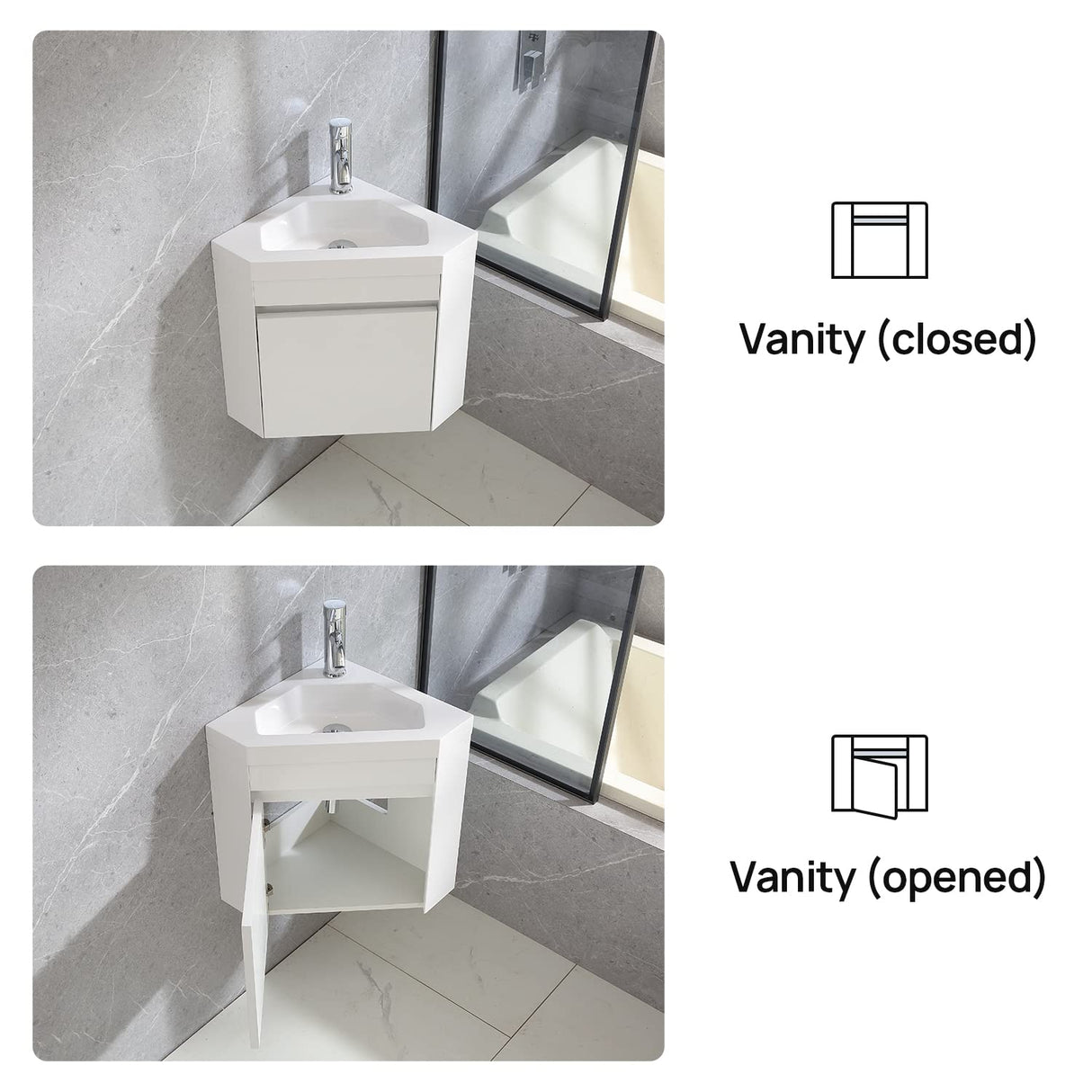 wonline 16" Corner Bathroom Vanity Sink Combo for Small Space Wall Mounted Cabinet Set Design White Resin Basin Sink Top Chrome Faucet and Drain wonline