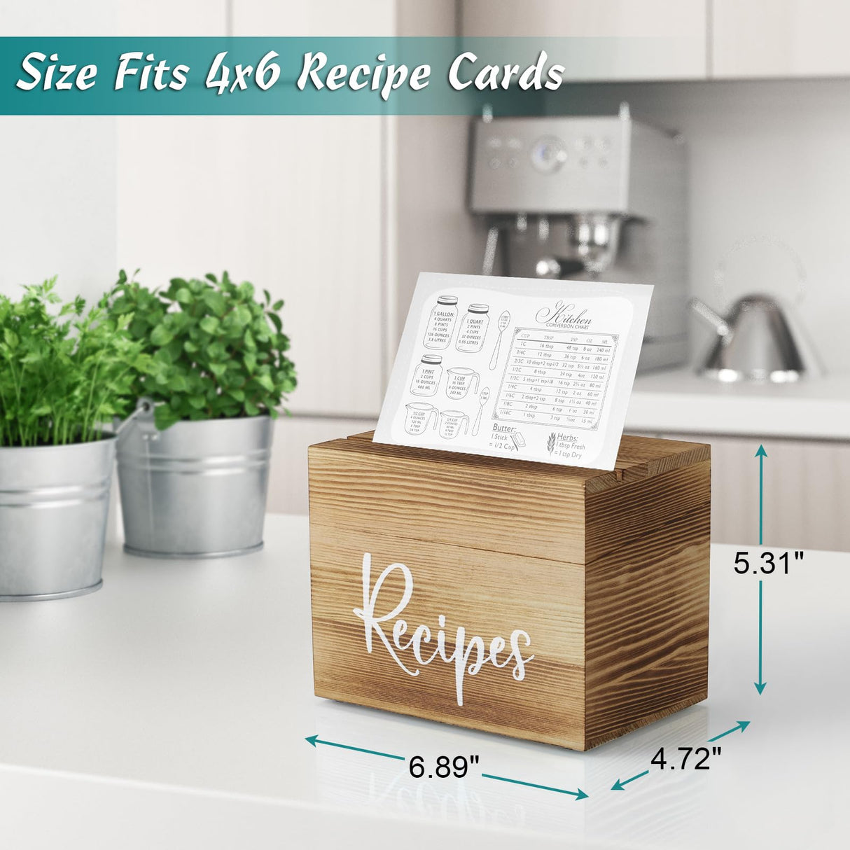 DRASTAR Recipe Card Box, Recipe Holder 4x6, Recipe Organizer with 50 Cards and 6 Dividers, Index Card Box, Wooden Box for Kitchen Countertop, Brown DRASTAR