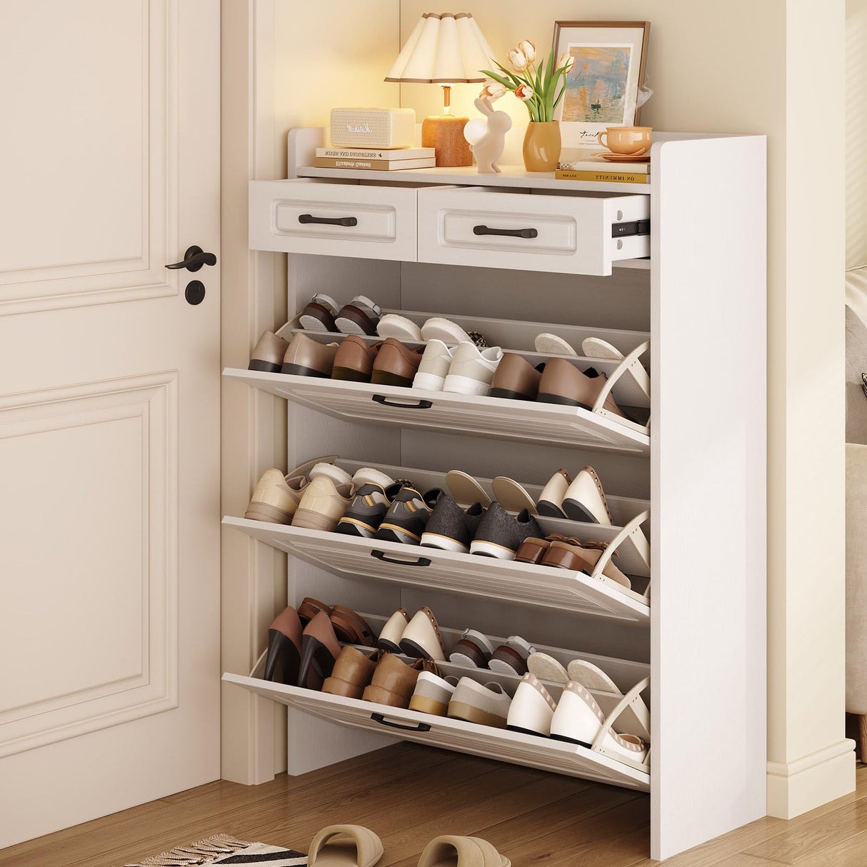 Shoe Cabinet for Entryway, Narrow Shoe Storage Cabinet with 3 Flip Drawers and 2 Top Drawers, Modern Shoe Rack Organizer Cabinet for Hallway, Apartment, Living Room, White Lakifun