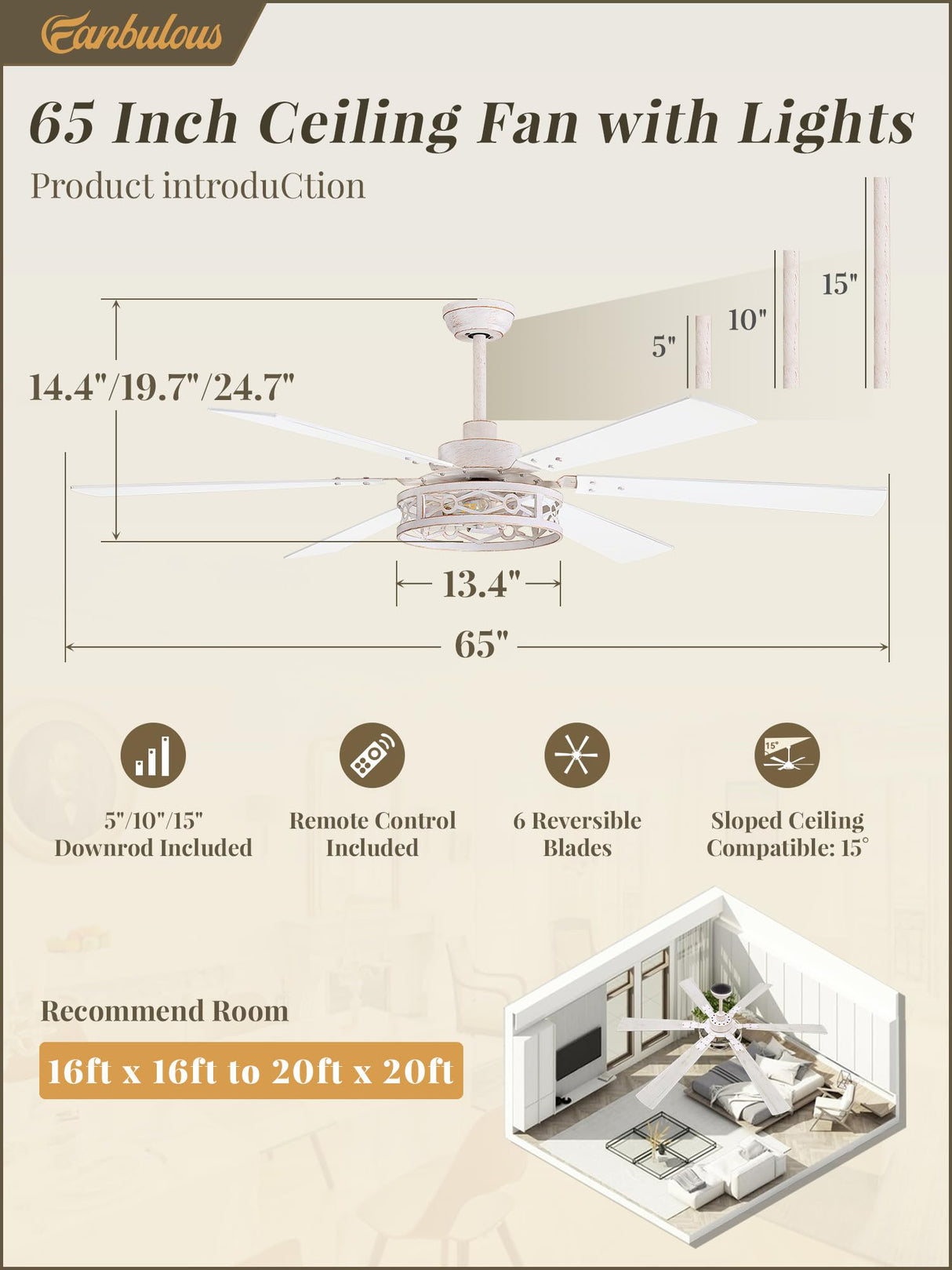 Fanbulous 65 Inch Ceiling Fan with Lights, Farmhouse Caged Ceiling Fans with Remote, White Industrial Ceiling Fans with Quiet Reversible DC Motor, Large Ceiling Fan for Living room, Bedroom Fanbulous