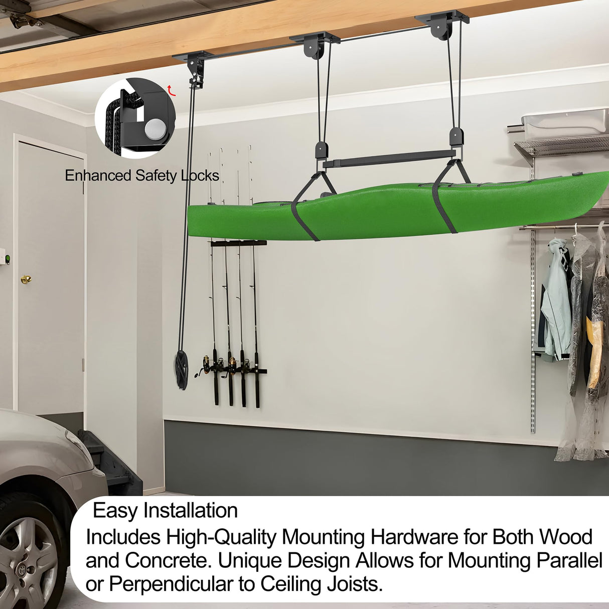 TRUSOON 2025 Upgrade Kayak Storage Hoist for Garage Ceiling, Heavy Duty Kayak Pulley System, Hold Up to 150 lbs Capacity, Canoe Garage Lift Storage System, Fit 10-14 Foot Ceilings, Black TRUSOON