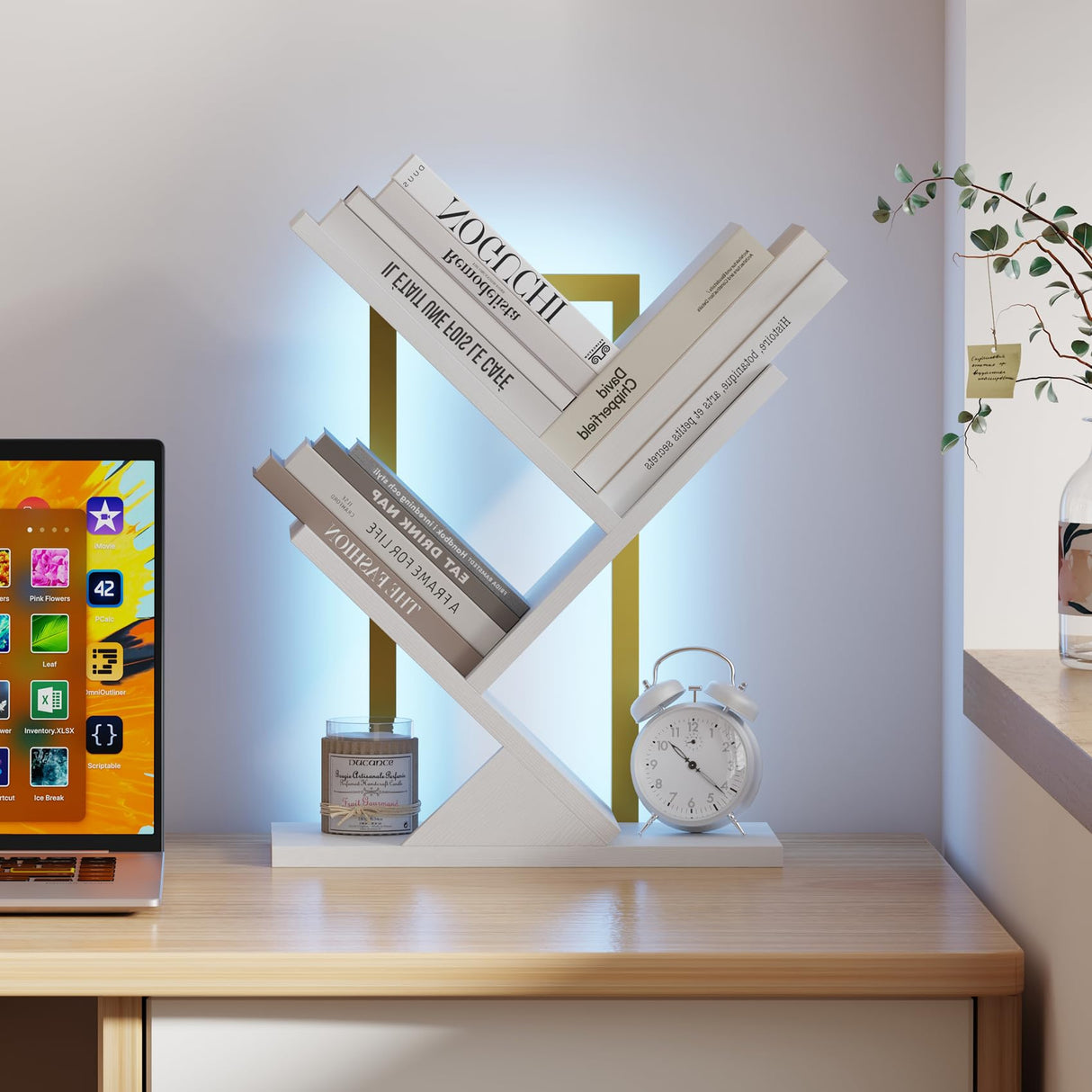 Qupui Tree Bookshelf with LED Lights, 3 Tier Floor Standing Bookcase, Classical Corner Shelf Kids Bookshelf, Tall Wood Book Storage for Bedroom, Living Room, Home Office, White Qupui