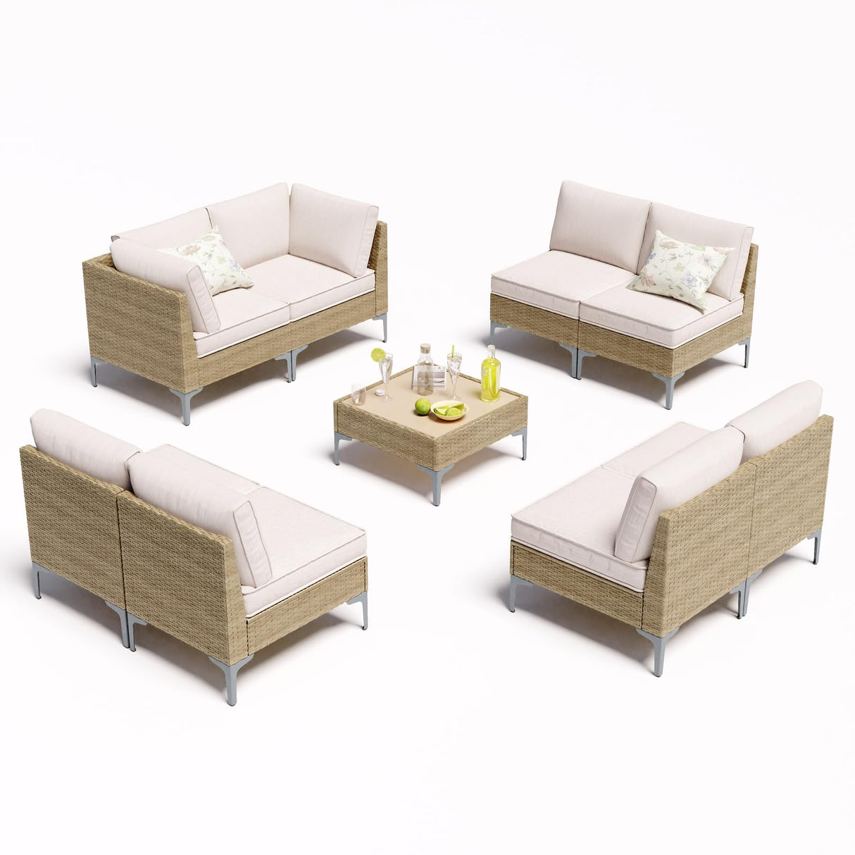 JOYURE 9 Piece Wicker Patio Furniture Set,Outdoor Conversation Sectional Sofa w/Coffee Table,All-Weather Outdoor Sofa with Thick and Anti-Slip Cushions for Deck,Poolside,Garden,Beige JOYURE