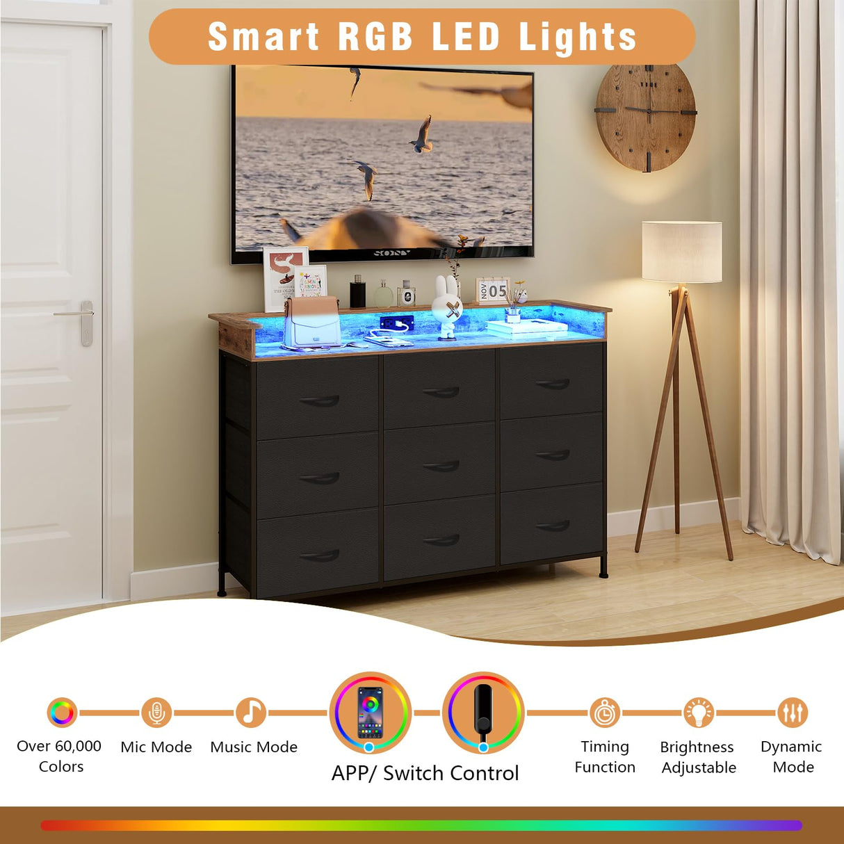 EXOTICA Black Dresser for Bedroom with Charging Station 9 Drawers Dresser with LED Light and USB Ports for Hallway Entryway Closets Sturdy Steel Frame Wood Top (Faux Leather Fabric Drawer) EXOTICA