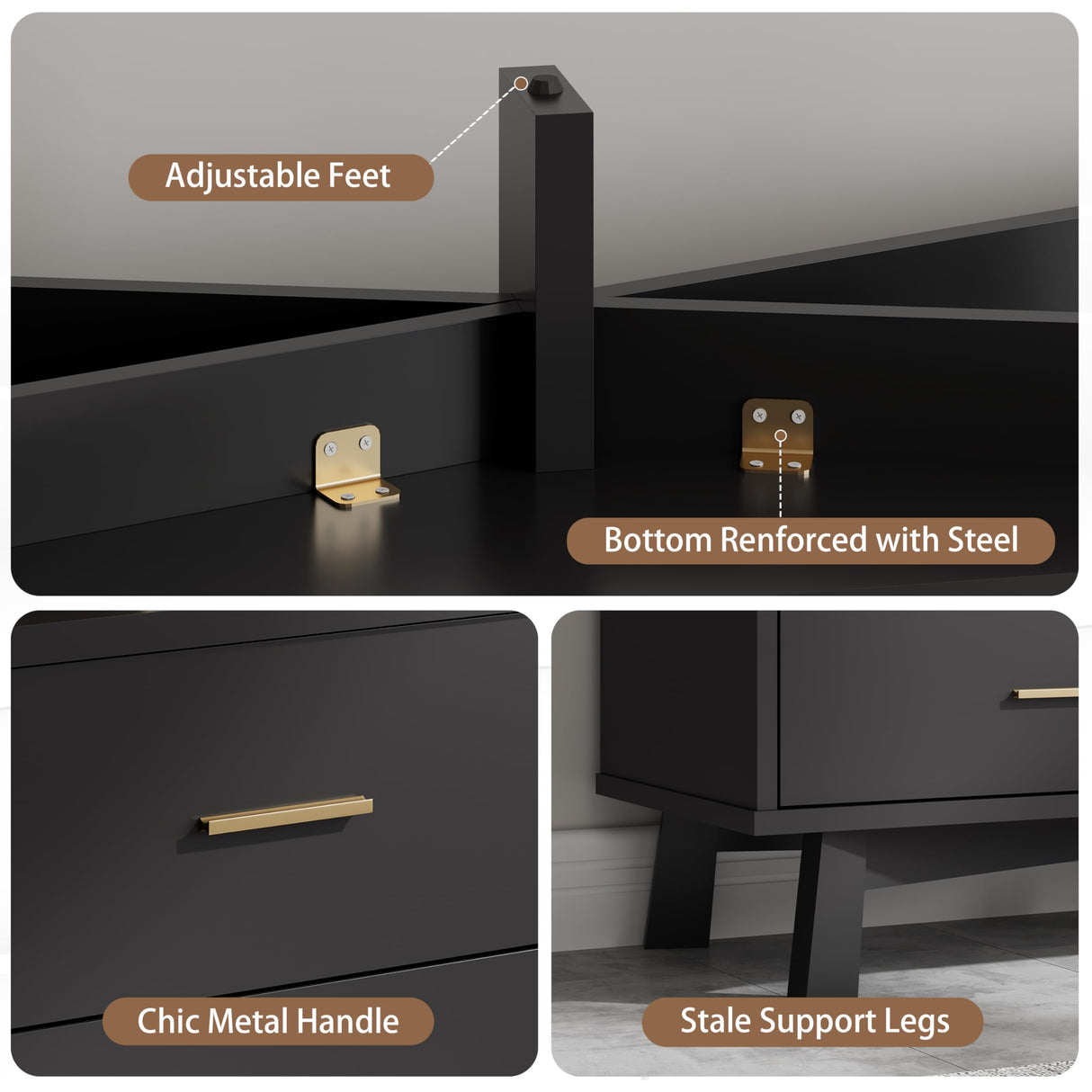 Dresser for Bedroom, 6 Drawer Wide Modern Chest of Drawers with X-Shaped Sturdy Base, Wood Double Dresser Closet Clothes Storage Organizer, Wooden Dresser TV Stand for Living Room, Hallway, Black Xixini