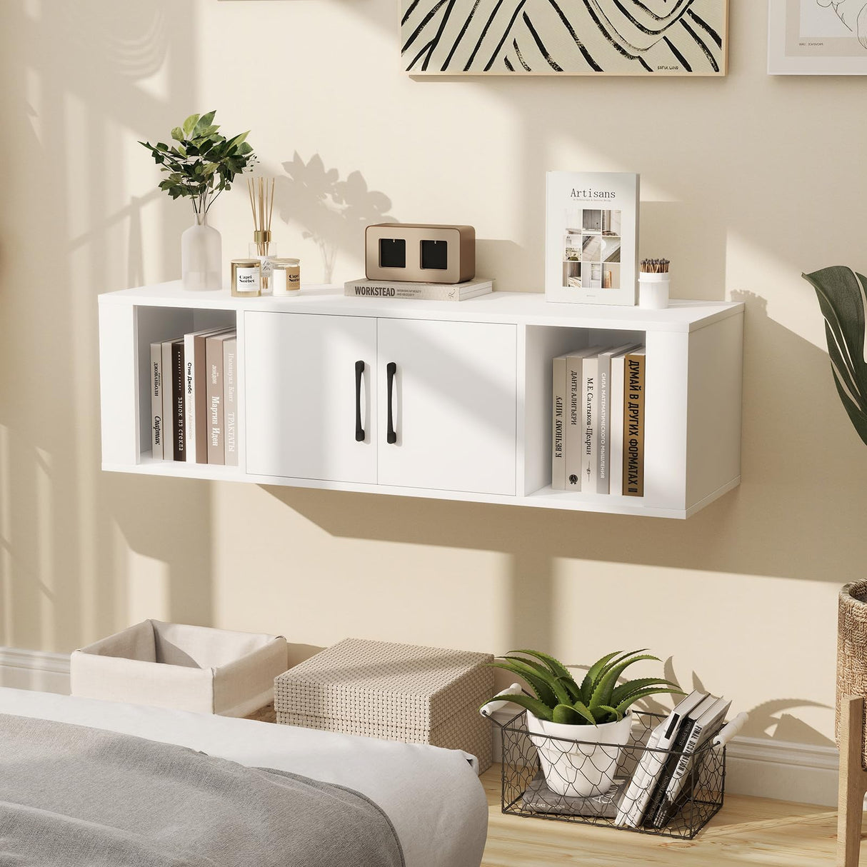 GOFLAME Floating TV Stand, Wall Mounted TV Console Table with Doors, Entertainment Media Center Under TV, Modern TV Cabinet for Living Room, Bedroom, Office, White GOFLAME