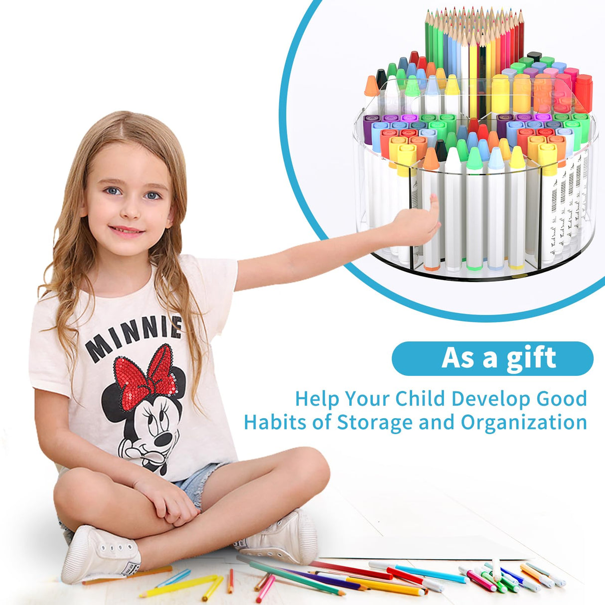 Acrylic Pen Holder for Desks, Acrylic Desk Organizer Clear, 360 Degree Pencil Holder for Desk Kids, Rotating Desk Organizer Rotating Pen Holder for Desk, Art Supply Storage Organizer 6 Compartments Wawocs