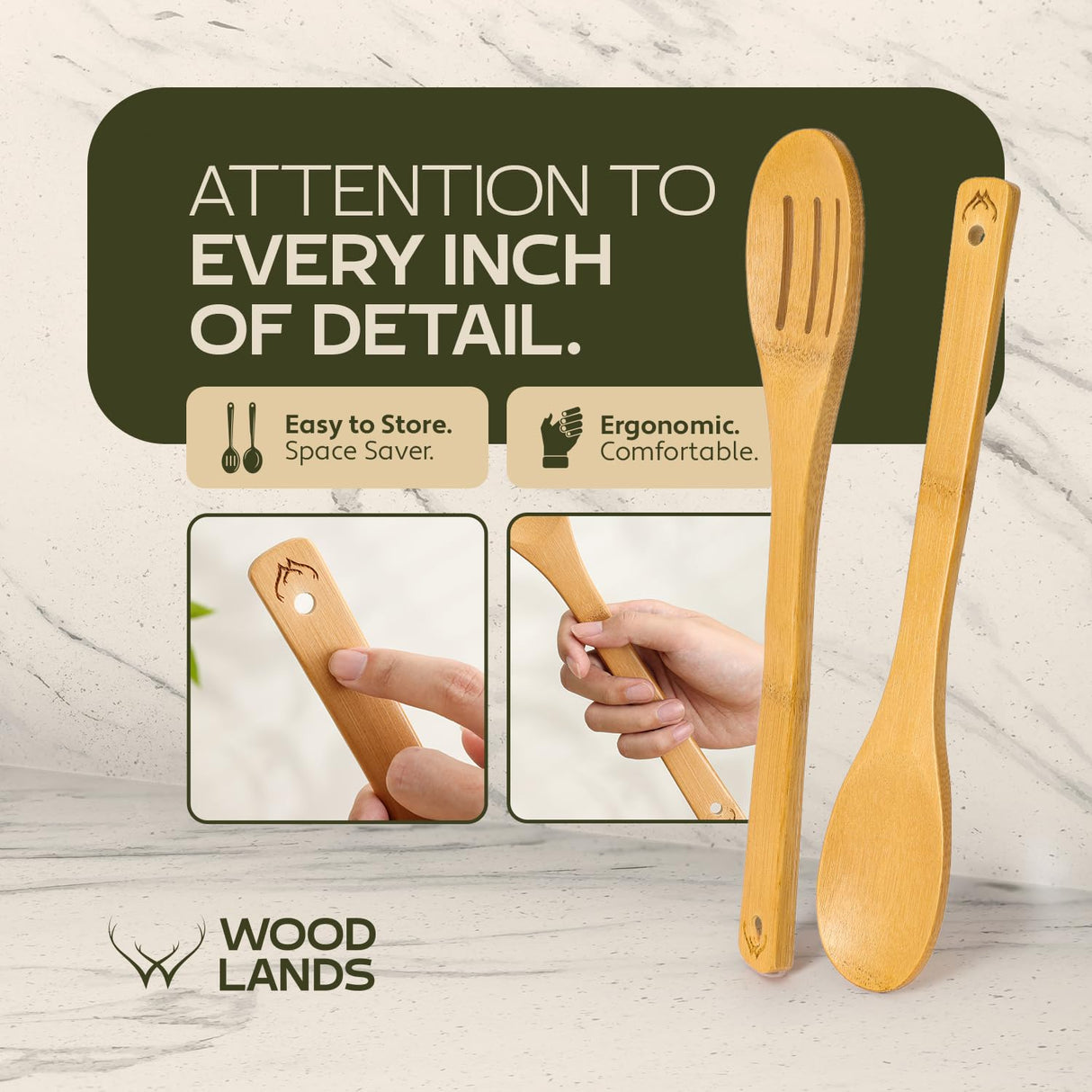 Woodlands-USA Wooden Spoons for Cooking - 6-Piece Wooden Kitchen Utensil Set - Natural Material Bamboo Spatula & wooden cooking utensils - Wooden Spatulas & Wooden Spoons Cooking Tools Set WOODLANDS USA