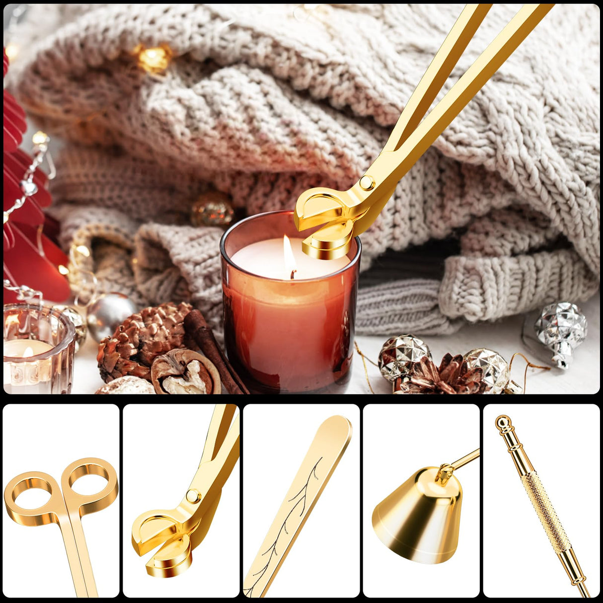 calary Candle Wick Trimmer, Candle Snuffer and Wick Dipper & Candle Accessory Set, 3 in 1 Candle Care Kit for Candle Lover (Gold) calary