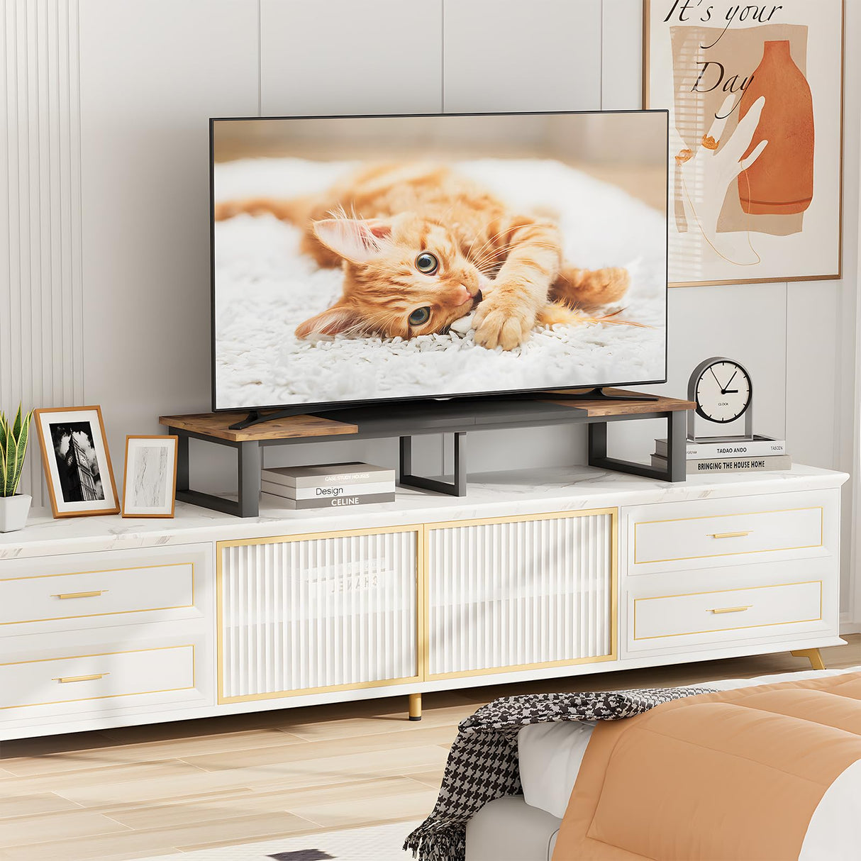 aboxoo 47" Large TV Riser for 32-60 inch TV, TV Riser Stand Shelf with Steel Legs,Tabletop TV Stand Riser for Home Office,Computer Monitor Stand Desktop Storage Stand (Rustic Brown & Black) aboxoo