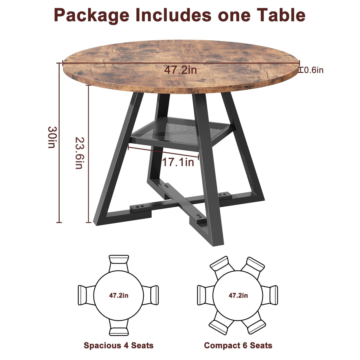 Round Dining Table for 4, Kitchen Table, Dining Table, Circle Table, Round Pedestal Dining Table, Dining Room Table, Dinner Table,Space Saving Wood Kitchen & Dining Room Tables, 47In, Rustic Brown Jocoevol