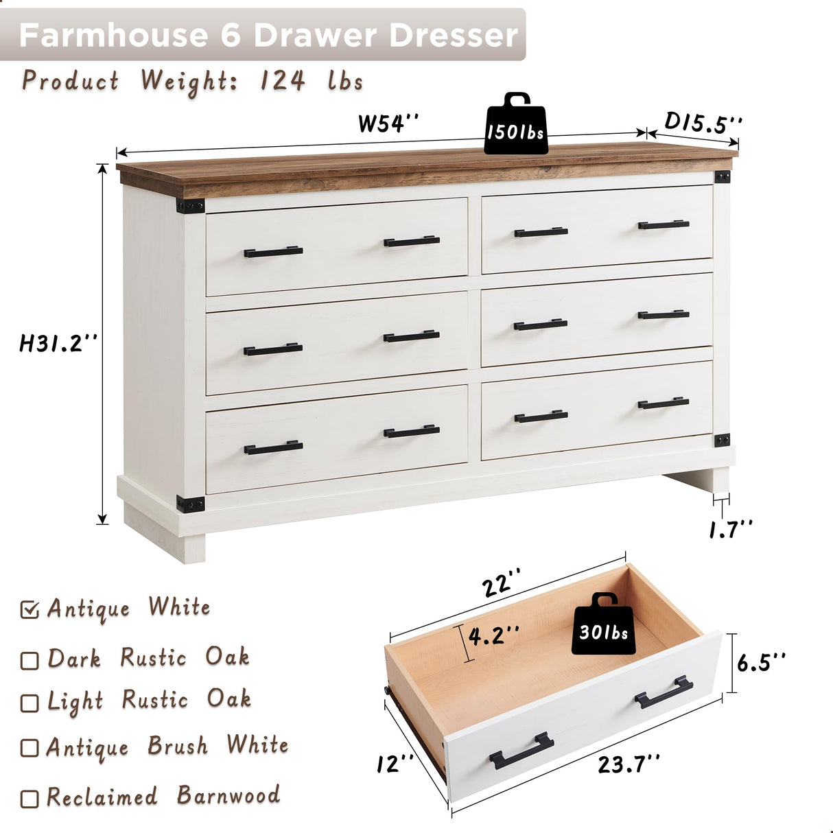 T4TREAM Farmhouse 6 Drawers Dresser for Bedroom, 54" Wide Wood Chest of Drawers w/Natural Texture & Metal Handle, Rustic Storage Dressers Organizer for Living Room, Hallway, Antique White T4TREAM