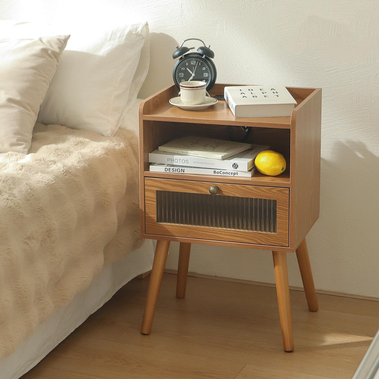 AWASEN Mid Century Nightstand with Charging Station, Modern Bedside Table with Glass Decorative Drawer, Small End Table Side Table with 2 Tiers Storage for Bedroom, Office and Small Space(Brown) AWASEN