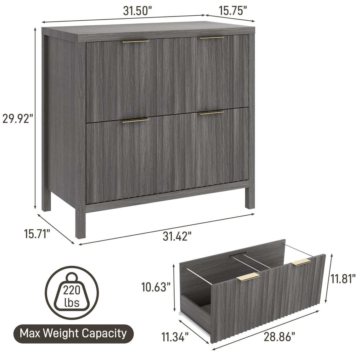 2 Drawer File Cabinet, Printer Stand Lateral Filing Cabinets for Hanging Letter/A4/Legal Size Files Fluted Wood Storage Cabinet for Home Office and School Halitaa