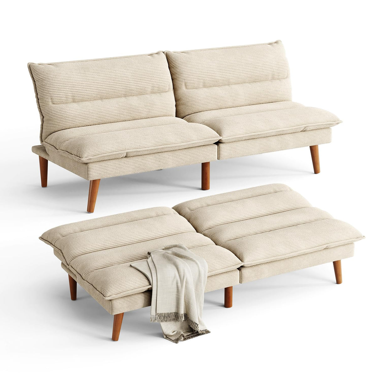 LINSY Futon Sofa Bed: 71 Inch Corduroy Futon Couch with Adjustable Backrest, Convertible Folding Futons Sofa Couches for Small Spaces Living Rooms Apartment Office, Beige LINSY