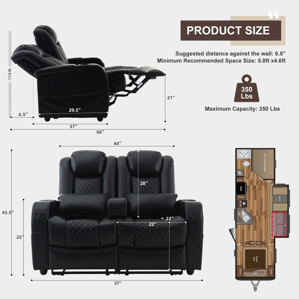 Attliahome 57" RV Loveseat Recliner, Double Recliner Furniture with 3 Arms and 2 Pillows, Wall Hugger Recliners & 135° Reclining Theater Seating (Black PU Leather RV Couch) Attliahome