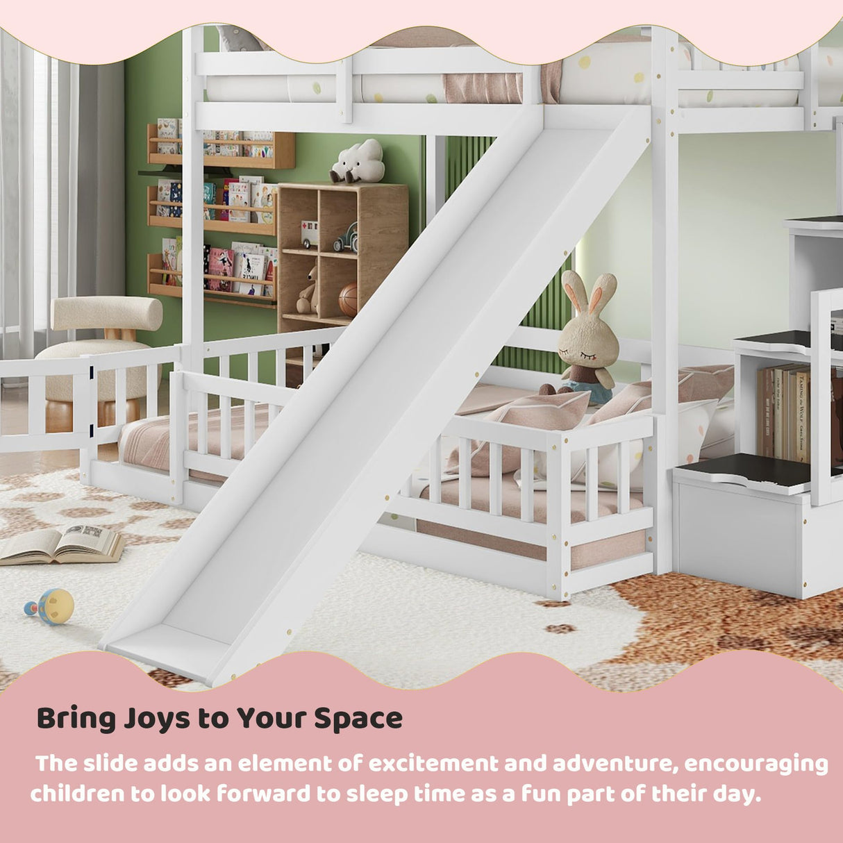 Duxelifin Twin Over Full Bunk Beds with Slide and Stairs, Low Bunk Bed Frame with Rails, Convertible Wood Bunk Bed with Storage Staircase for Kids Boys Girls, White Duxelifin