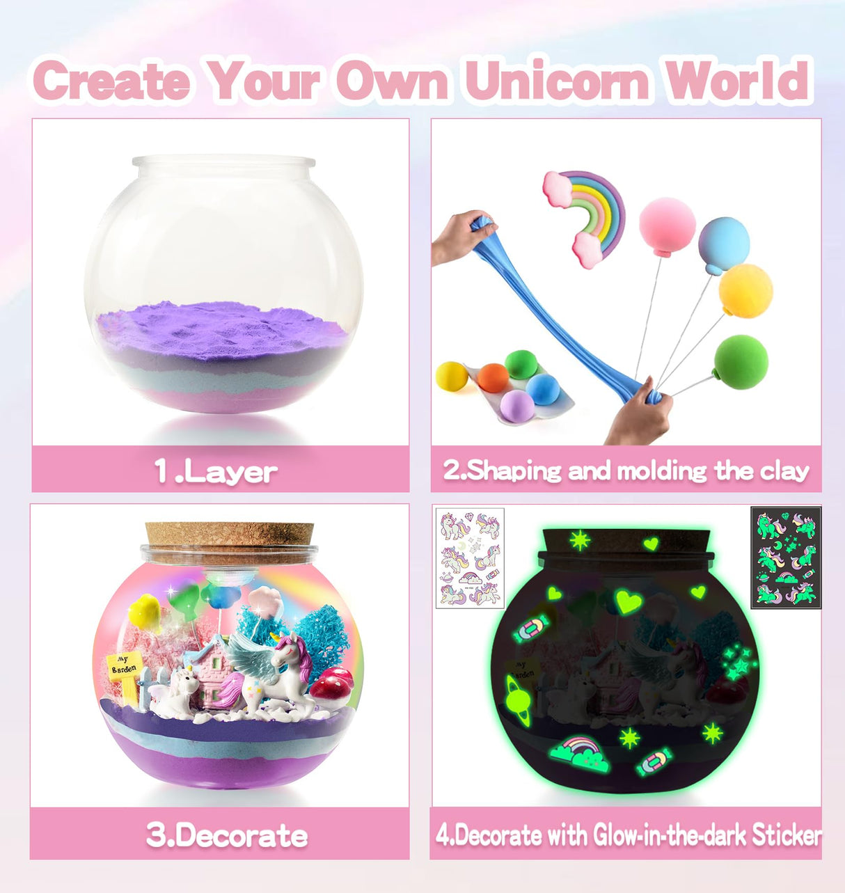 THINKKIE Unicorn Light Up Terrarium Kit for Kids - LED Night Light Birthday Gifts for Girls Ages 4 5 6 7 8-12 Year Old - Arts and Crafts for Kids THINKKIE