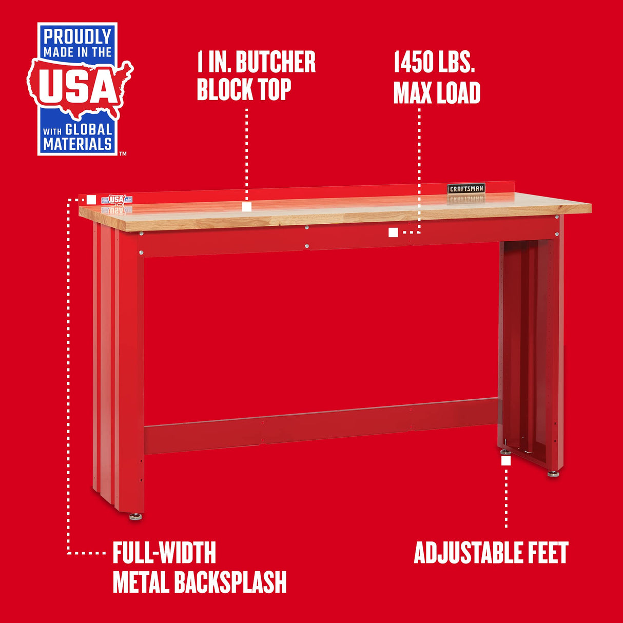 CRAFTSMAN 2000 Series Workbench, 6-Foot Wide with Butcher Block Top, Customizable (CMST27200R) CRAFTSMAN
