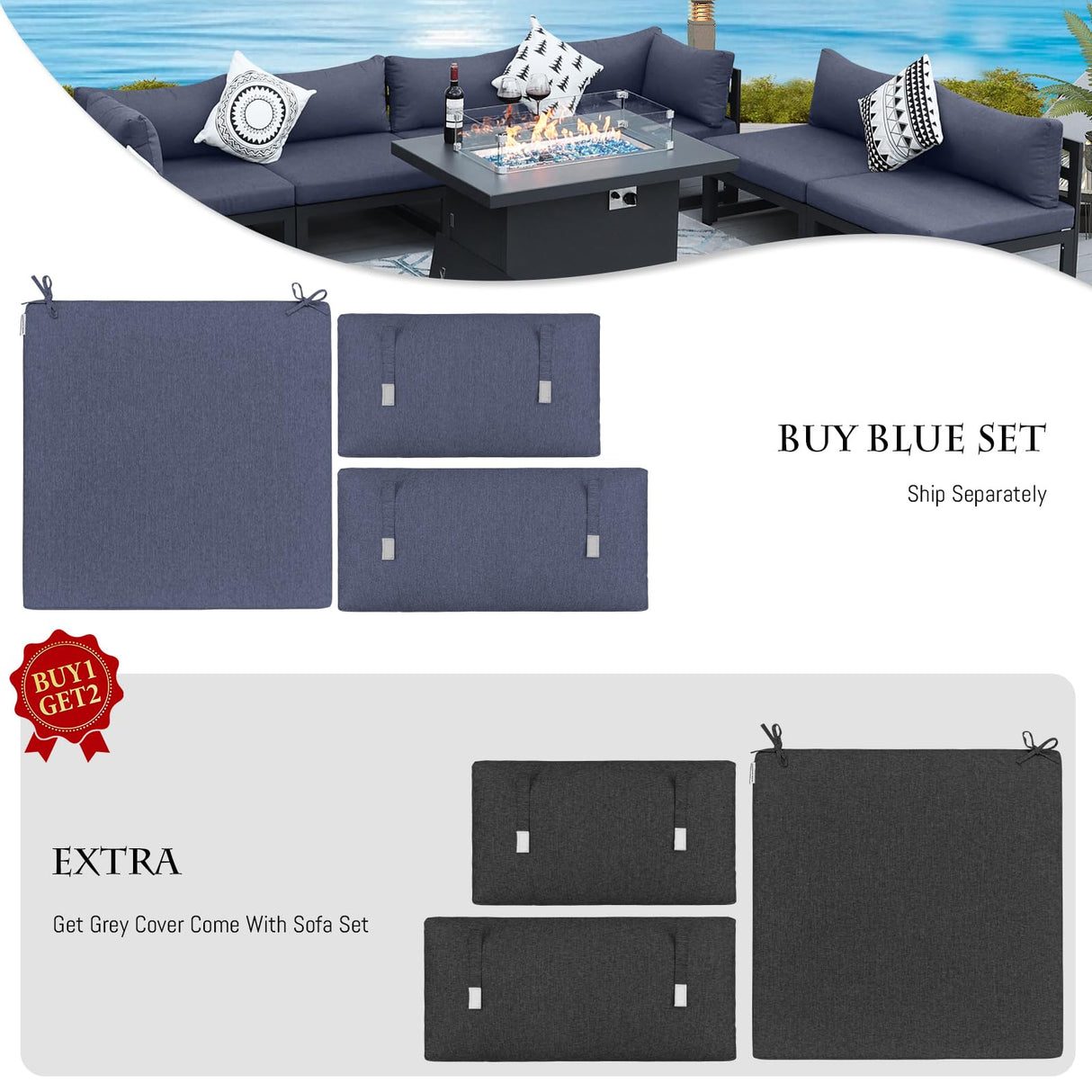 BULEXYARD 8 Seat Minimalist Aluminum Patio Sectional Seating with Fire Pit, 500 lbs Heavy Duty Outdoor Furniture Set, 29" Deep Wide Oversized Seating U Shaped Conversation Couch for Garden, Denim Blue BULEXYARD