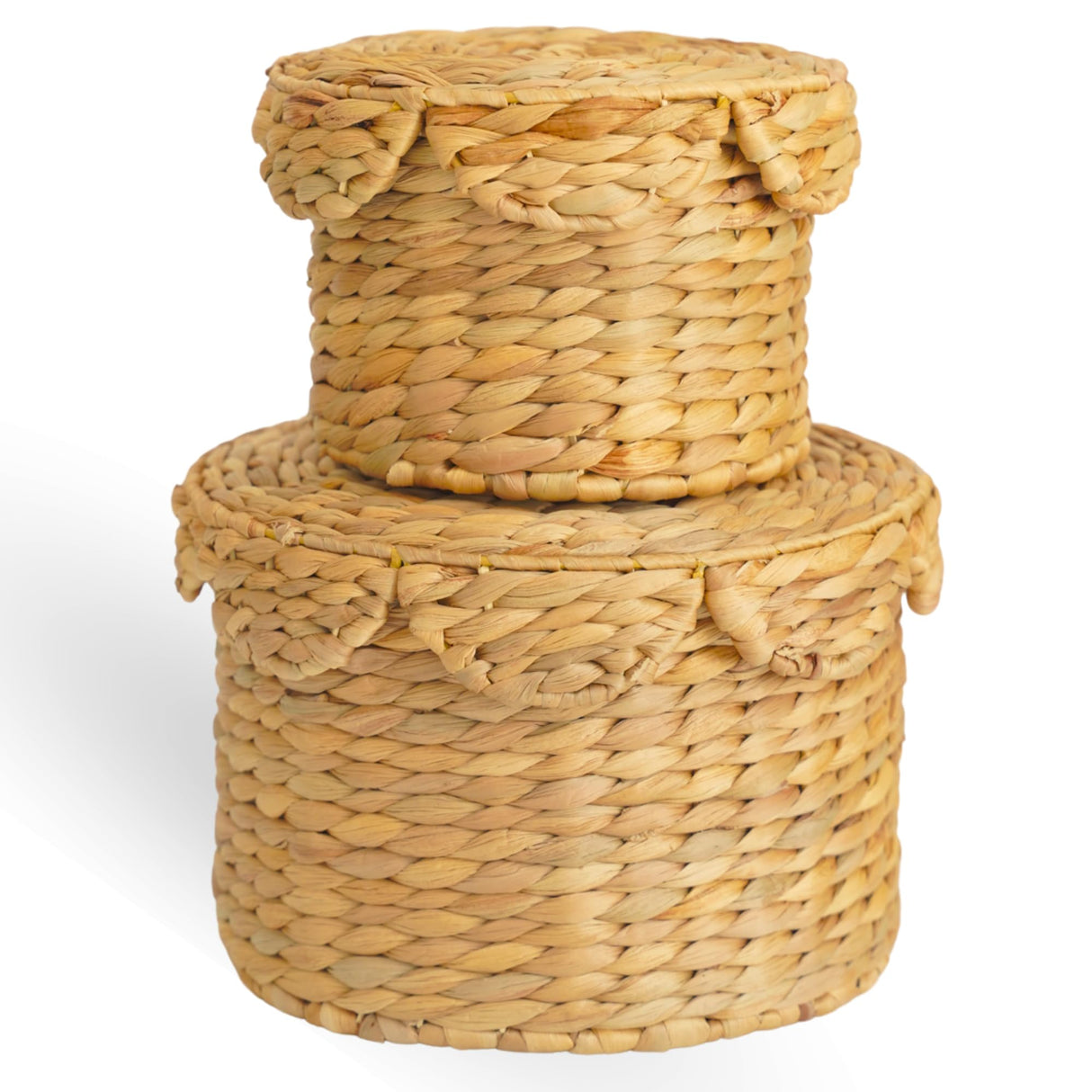 Chi An Home Scalloped Wicker Storage Baskets with Lid, Set of 2 Round Basket Decorative Boxes, Handwoven Hyacinth Baskets with Lids, Woven Storage Box for Home Organization Chi An Home