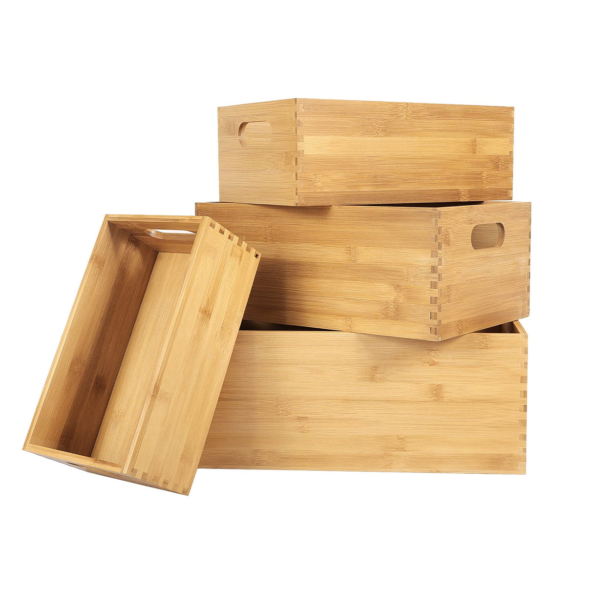 ANMINY Set of 4 Nesting Wooden Crates for Storage, Bamboo Wood Storage Containers Bins, Handmade Natural Large Wooden Storage Boxes Baskets with Handles for Organizing Shelf Closet Cabinet ANMINY