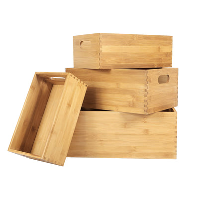 ANMINY Set of 4 Nesting Wooden Crates for Storage, Bamboo Wood Storage Containers Bins, Handmade Natural Large Wooden Storage Boxes Baskets with Handles for Organizing Shelf Closet Cabinet