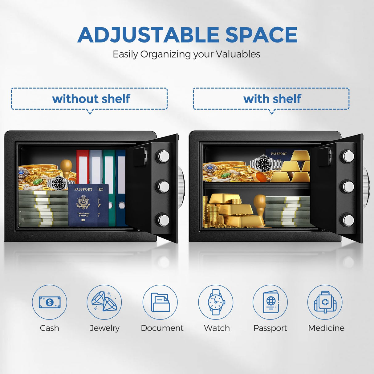 WASJOYE Security Home Safe Box - 1.0 Cu Ft Cabinet Safe Box with Digital Keypad Safety Key Lock, Fireproof Safe Box for Home Business Office Hotel Money Document Jewellery Passport Gun Storage WASJOYE