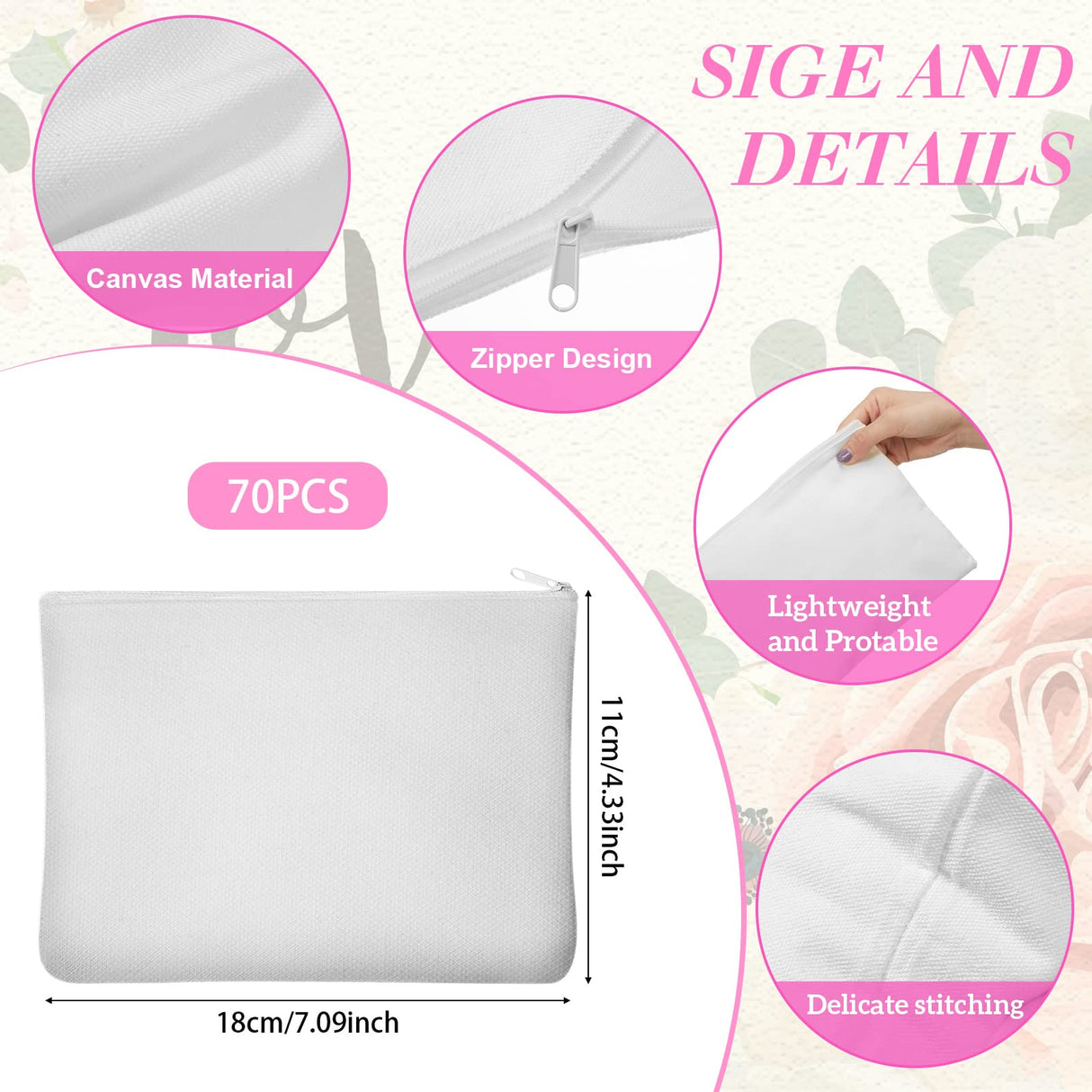 Eccliy 70 Pieces Sublimation Blank Canvas Makeup Bags Bulk Blank DIY Heat Transfer Cosmetic Makeup Bags Canvas Pen Case Pencil Bags Clear Sublimation Blank Pouch with Zipper(White,4.33 x 7.09 Inch) Eccliy