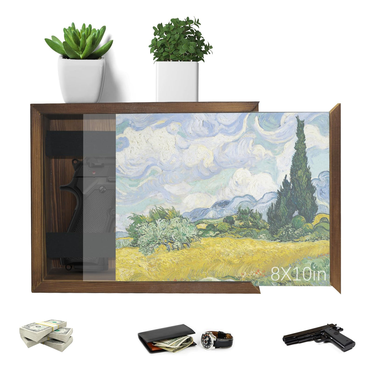 Hidden Wall Gun Safe for Home,BRXOZLE Solid Wooden Hidden Gun Storage,Indoor Concealment Furniture Upgraded 2 in1 Handgun Shelf Picture Frames Box for Home Pistols Handgun Valuables WoodArtSupply