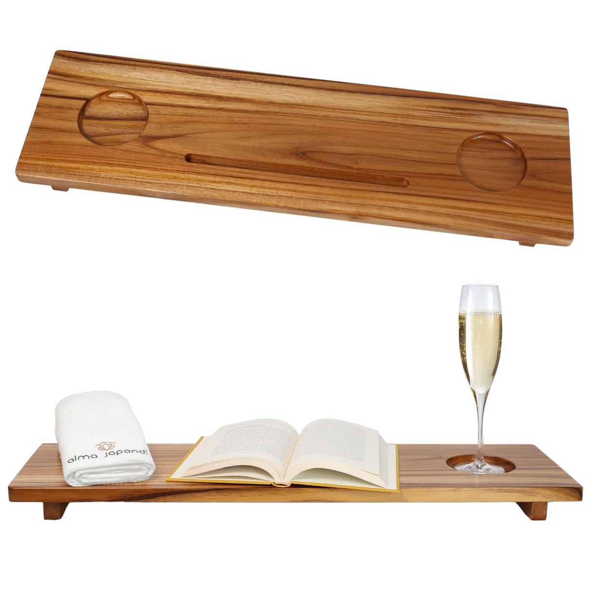 Fjord Teak Bathtub Tray - Towel & Gift Box Bundle - Sustainable Minimalist Wood Bath Tray for Tub - Fits Standard Bathtubs - Relaxing Bathtub Accessories Holder - Bath Caddy 29x8.5 in. Alma Japandi