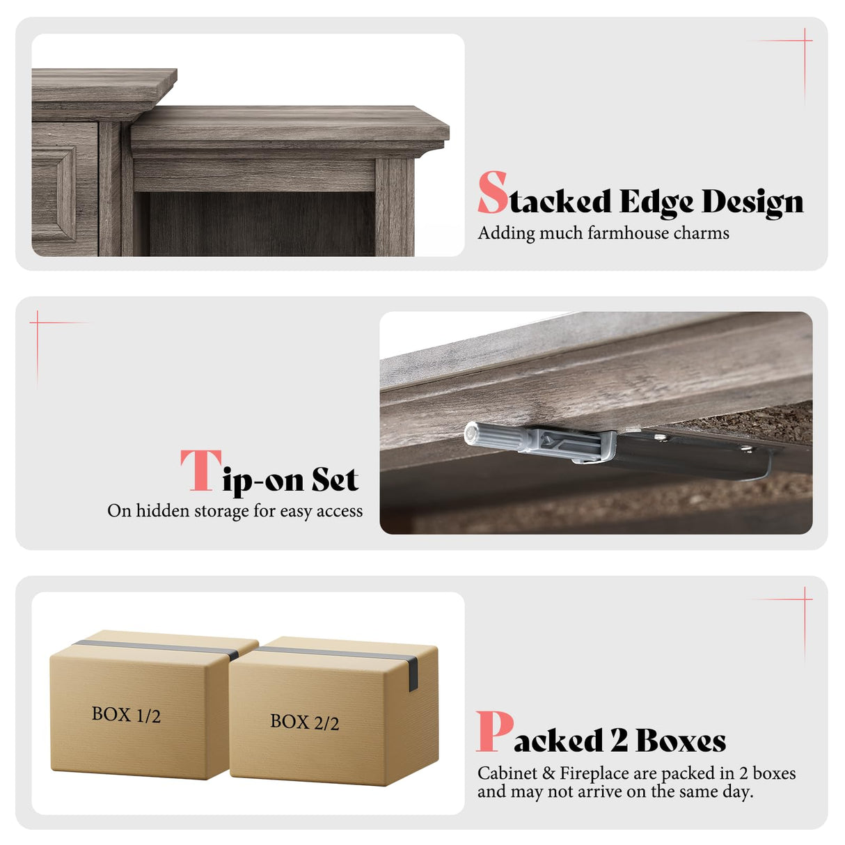 AMERLIFE 70" Electric Fireplace with Mantel, Farmhouse 3-Sided Fireplace TV Stand for TVs up to 75 Inch, Entertainment Center with Adjustable Shelves & LED Light, Rustic Grey AMERLIFE