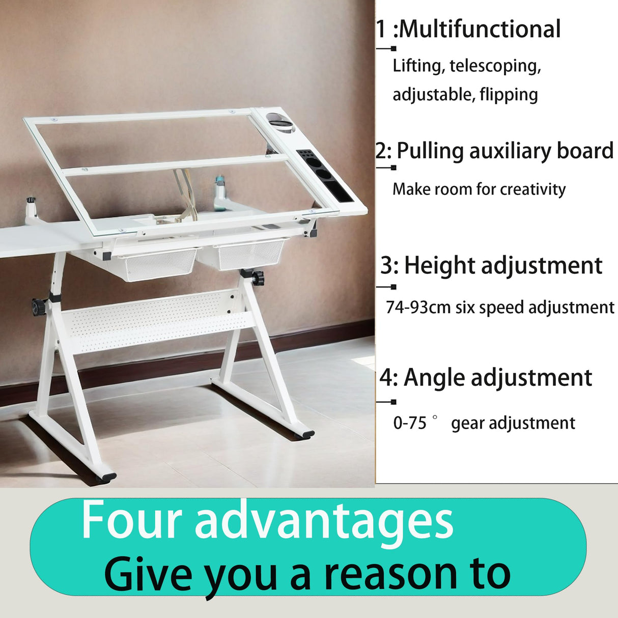 Adjustable Drafting Table for Adults Professional Art Table 2 Storage Drawers Height Adjustable Home Office Reading Painting Tempered Glass Top Modern White Design Doeqkue